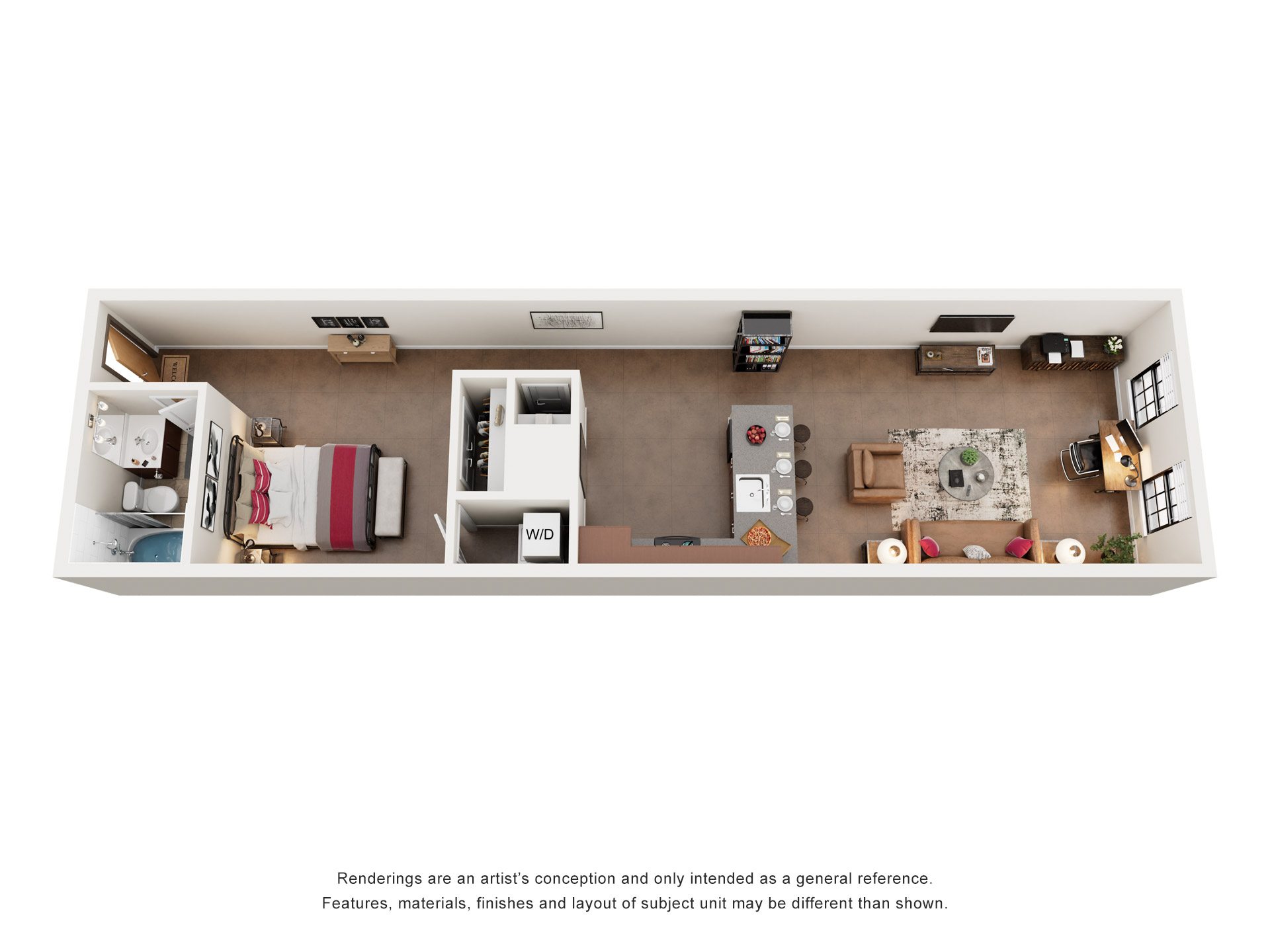 Floor plan for studio, 1 bath, 667 sqft
